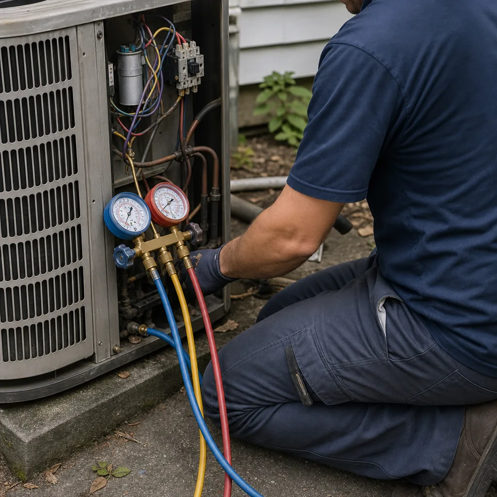 HVAC technician performing professional AC installation and system maintenance