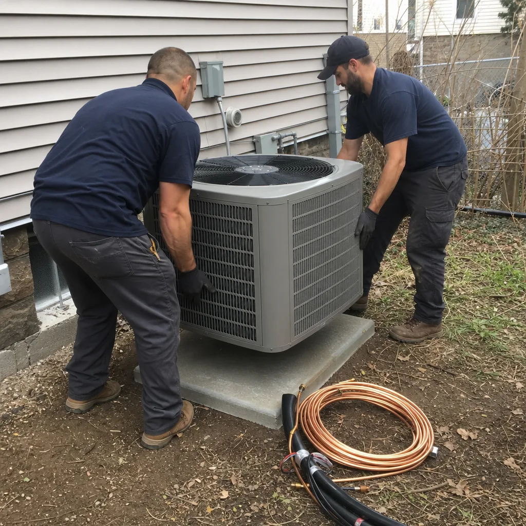 Two HVAC technicians installing an outdoor central air conditioning unit