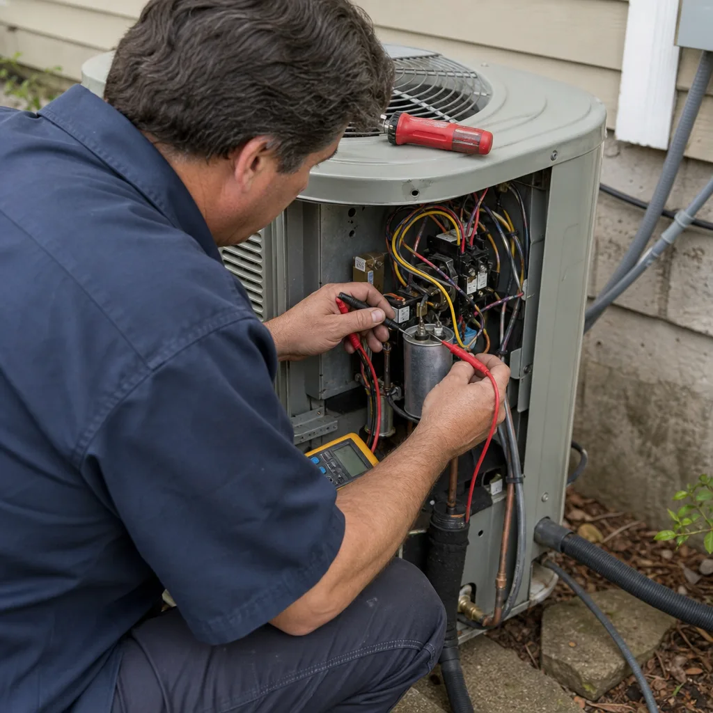 HVAC technician testing electrical capacitor on an outdoor residential air conditioner unit