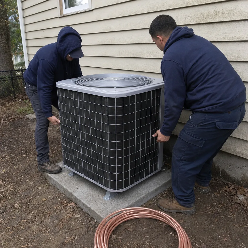 Two HVAC technicians installing an outdoor residential air conditioning condenser unit