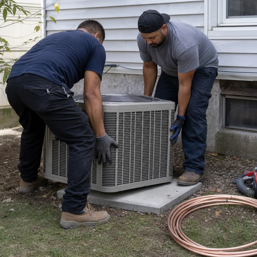 Two professional HVAC technicians installing a residential air conditioning unit