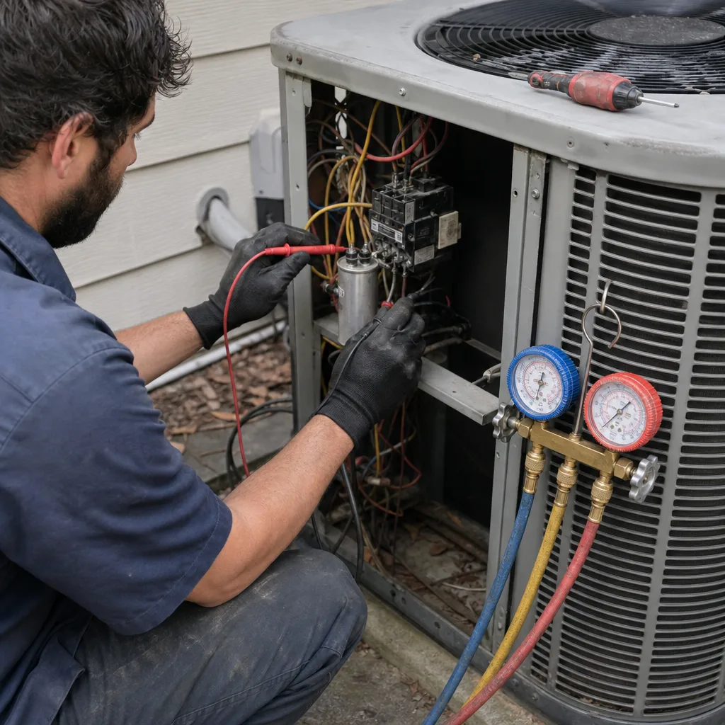 HVAC technician performing professional AC repair on an outdoor condenser unit